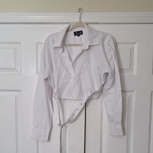 Thrill White Cropped Button Down Shirt